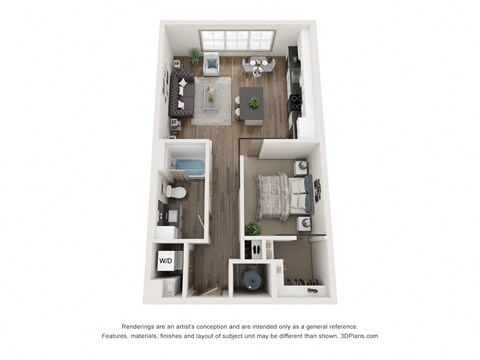 Floor plan for studio, 1 bath, 627 sqft